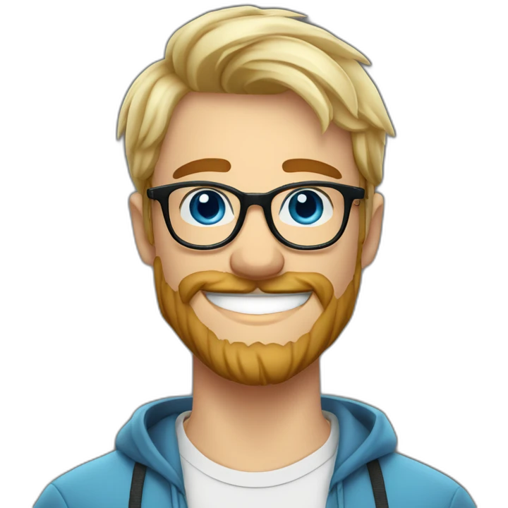 Handsome young man 25 years old sexy blue eyes short blond hair nice round glasses cool beard Light moustache funny big smile dimple on the side emoji