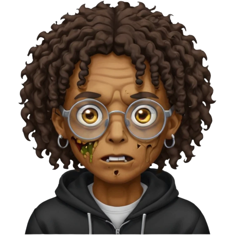 Chico moreno zombie, con gafas y sudadera negra, dos aretes en la oreja izquierda y dos en la derecha, ojeras en los ojos, pelo rizado emoji
