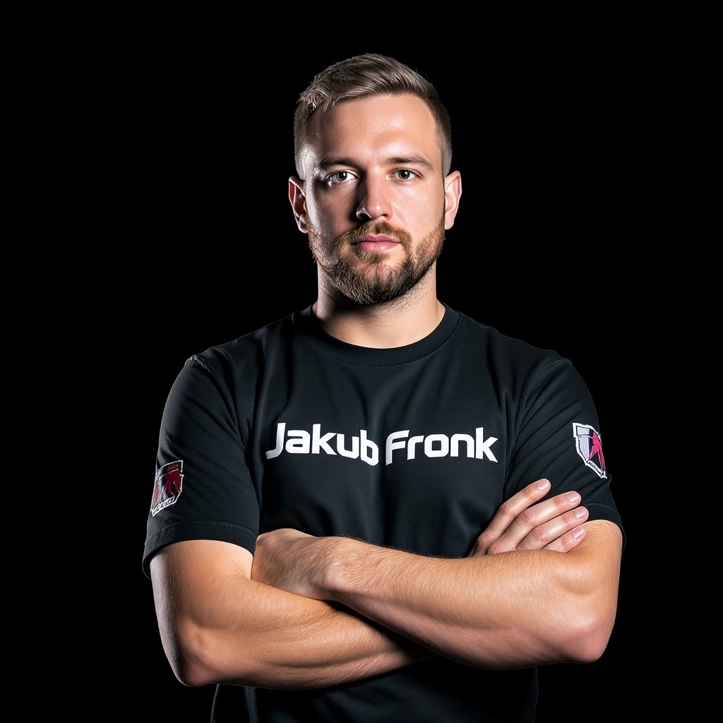Csgo pro player profile proffesional photo, low key light back light, man standing crossed hands with tshirt with text "Jakub Fronk" black solid background emoji