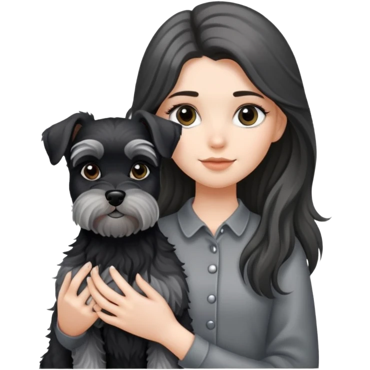 A long-haired girl holding a black and silver schnauzer emoji