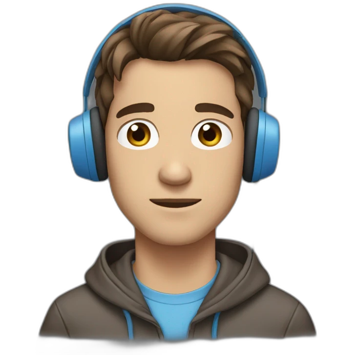 male, brown hair, brown eyes, headphones, blue hoodie, straight face emoji