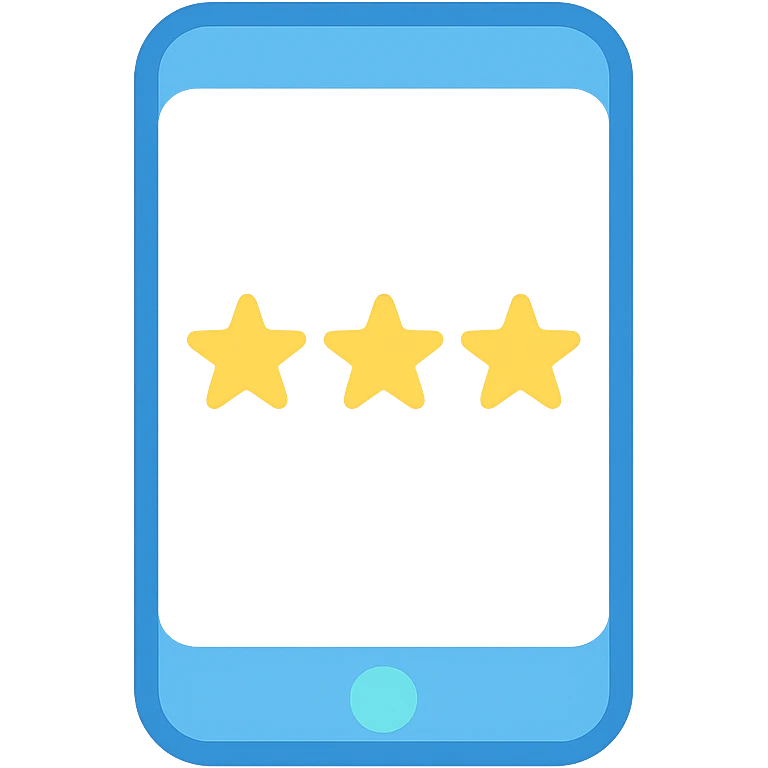 Smartphone icon, flat emoji style, outline with blue and turquoise colors, screen showing three gold/yellow stars aligned in a horizontal row, white background emoji