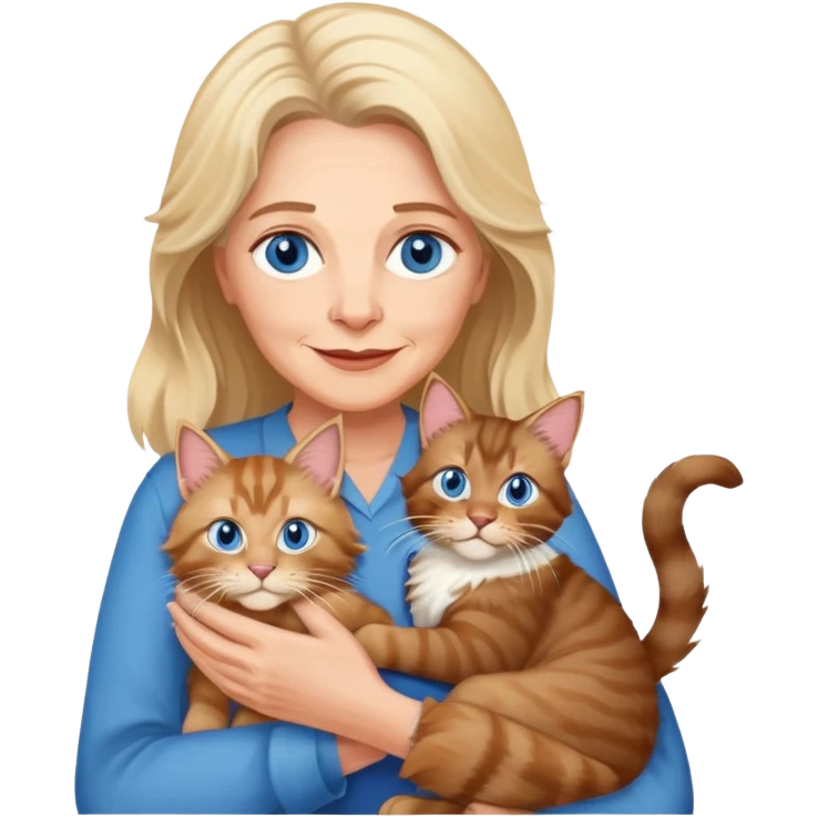 A blonde blue eyed older woman holds a brown Maine Coon cat in her arms emoji