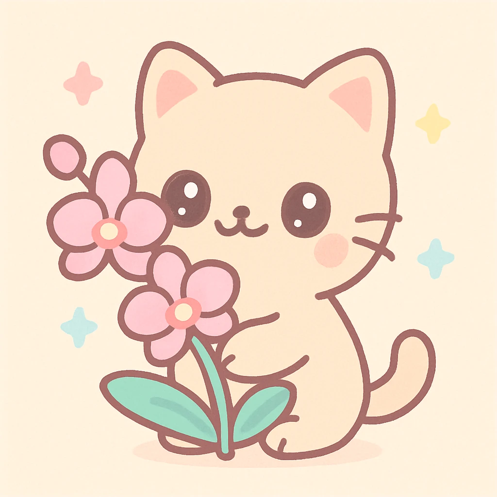 cat holding a spring orchid, kawaii style emoji