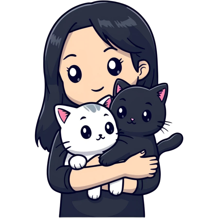 beautiful girl with long black hair wearing a black shirt holding a silver-colored cat emoji