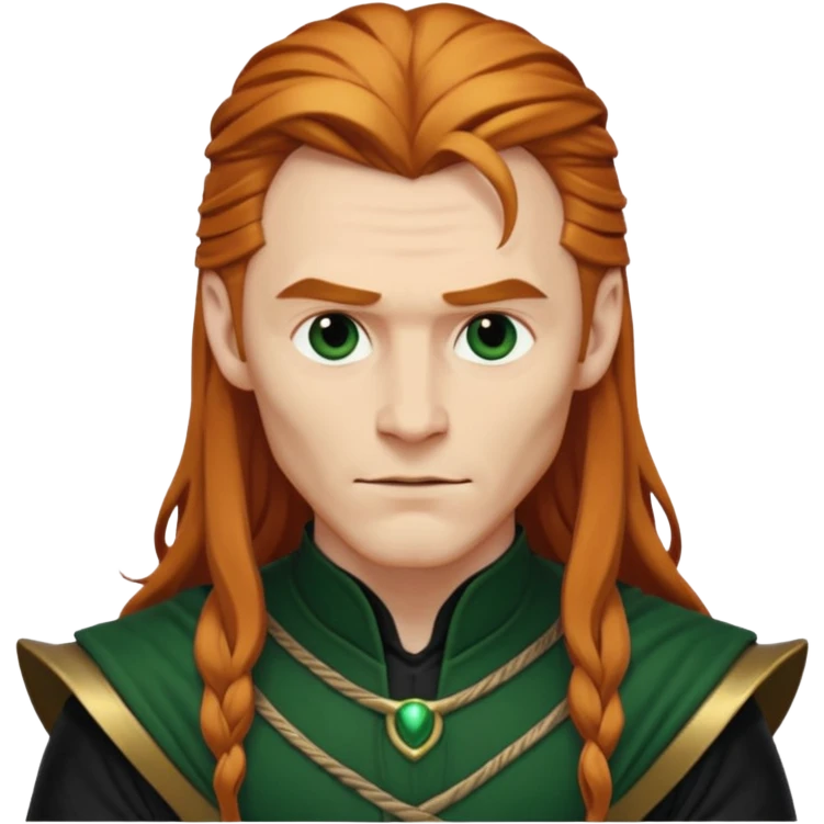 Loki, Mischief God from Norse Mythology with long reddish blonde hair, dark green and black outfit emoji