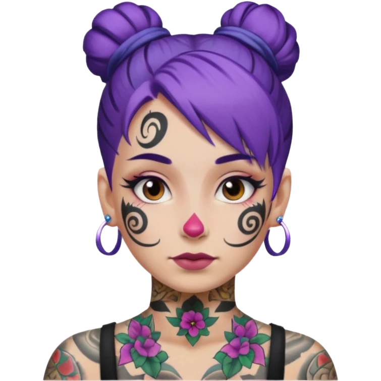 purple hair bun and lots of face tattoo emoji
