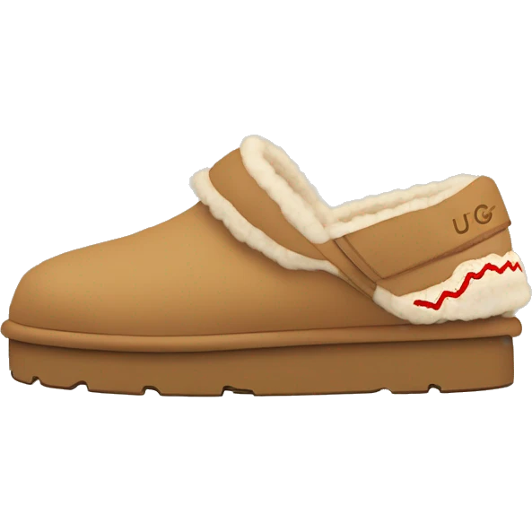 Ugg Camel slip-on slippers. A thin red zig-zag stitch only encircling ankles, VERY chunky platform sole. emoji