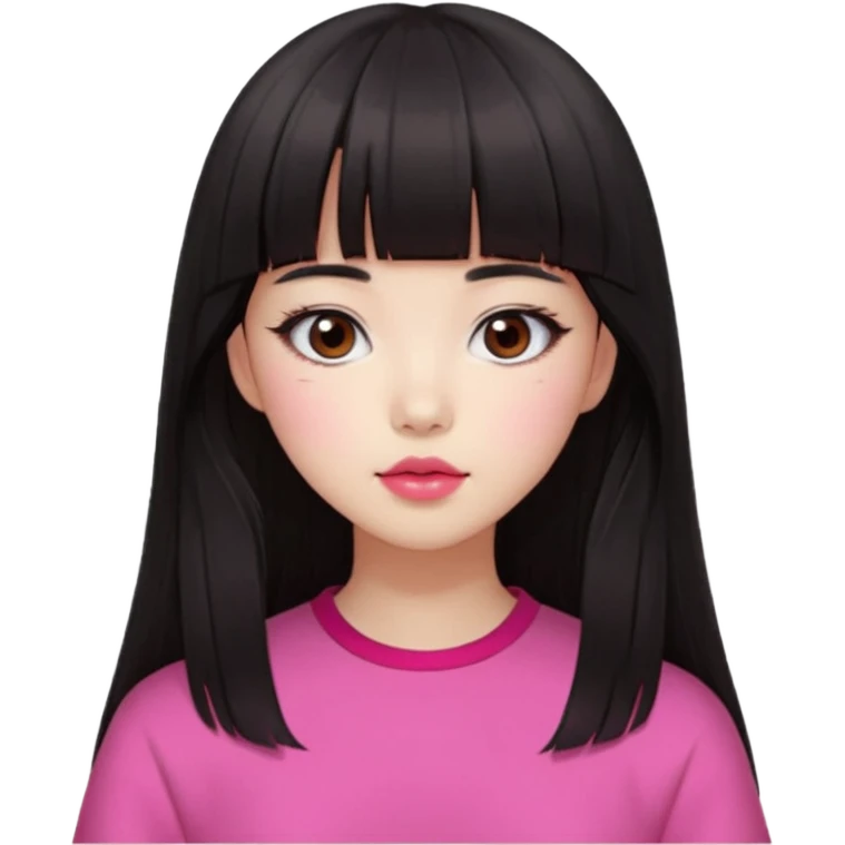 Korean girl, red top, black brown hair, brown eyes, long hair, cool girl, aesthetic, long hair, hime cut, blunt bangs, pink lips, pink cheek emoji