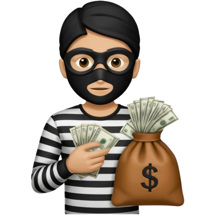 Crea un ladrón con un sombrero de delincuente y un saco de dinero, el ladrón tiene una camisa de rayas negras y blancas y el rostro un antifaz color negro. emoji