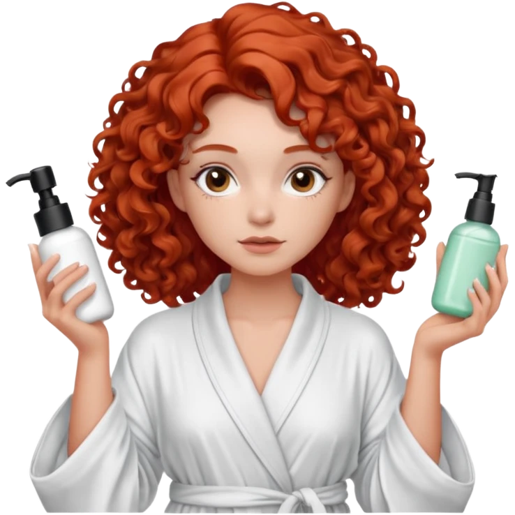 Cartoon emoji of a girl with voluminous curly red hair, fair skin, warm brown eyes. Wearing a chic milky silk robe with long sleeves, no makeup. Portrait mode, holding 3 moisterizers or different skin care products, looking super doubtful twisted and unsure. Smooth, simple, stylized." emoji