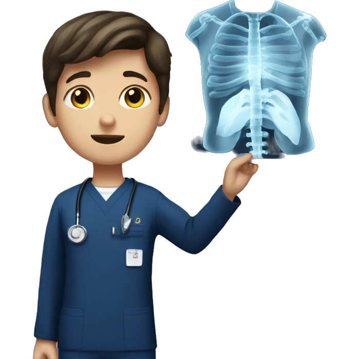 Brunette boy in navy scrubs looking at an X-ray  emoji