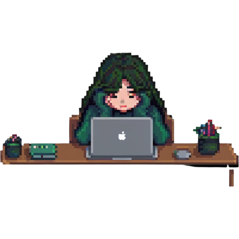 girl hiding her face while working behind a MacBook, pixel art style emoji
