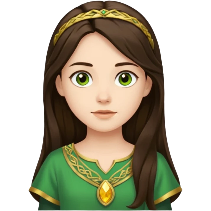 Juno from Olympus Gods with long dark brown hair, green tunic emoji