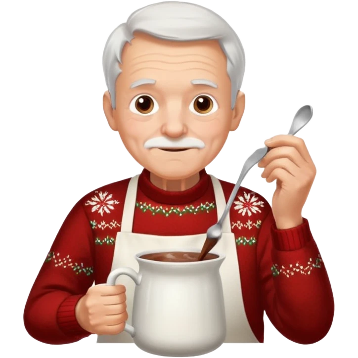 A gentle old man in a festive sweater and a white apron, stirring a pot of rich hot chocolate. emoji