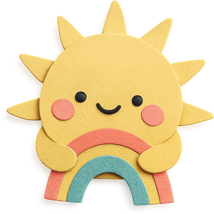 adorable pastel bright yellow sun, hugging a tiny rainbow arc, no arms or legs, transparent background, full body, kawaii paper craft style emoji