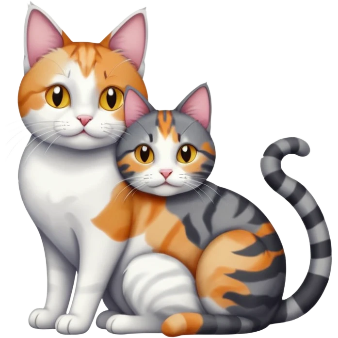 full body colourful light patched calico + white tabby cat cuddling a bigger cat that is dark grey and white tabby cat  and they are in love emoji