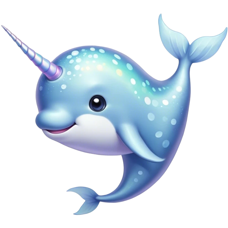 Cinematic Cute Cute Narwhal Portrait Emoji, Head tilted playfully and inquisitively, featuring a charming, sleek body with softly iridescent skin, a prominently spiraled tusk and large, twinkling eyes full of gentle wonder, Simplified yet irresistibly adorable features, highly detailed, glowing with a warm, inviting ocean glow, high shine, affectionate and lively, stylized with a touch of magical sea whimsy, soft glowing outline, capturing the essence of a mischievous yet endearing cute narwhal that seems as if it could frolic out of the screen into your heart! emoji