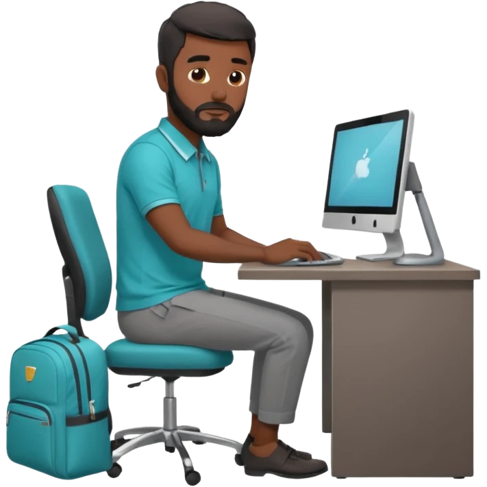 man with black short male hair and black hair and beard and hes in a office with his grey backpack on the floor and he has a tourquose polo shrit with gre dress pants and hes working at a hotel  hes on the co,ptuer  at his desk and he inly has one backpack its on the floo  WITH GREY PANTS emoji