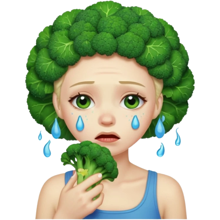 Woman crying eating broccoli. make tears blue color emoji