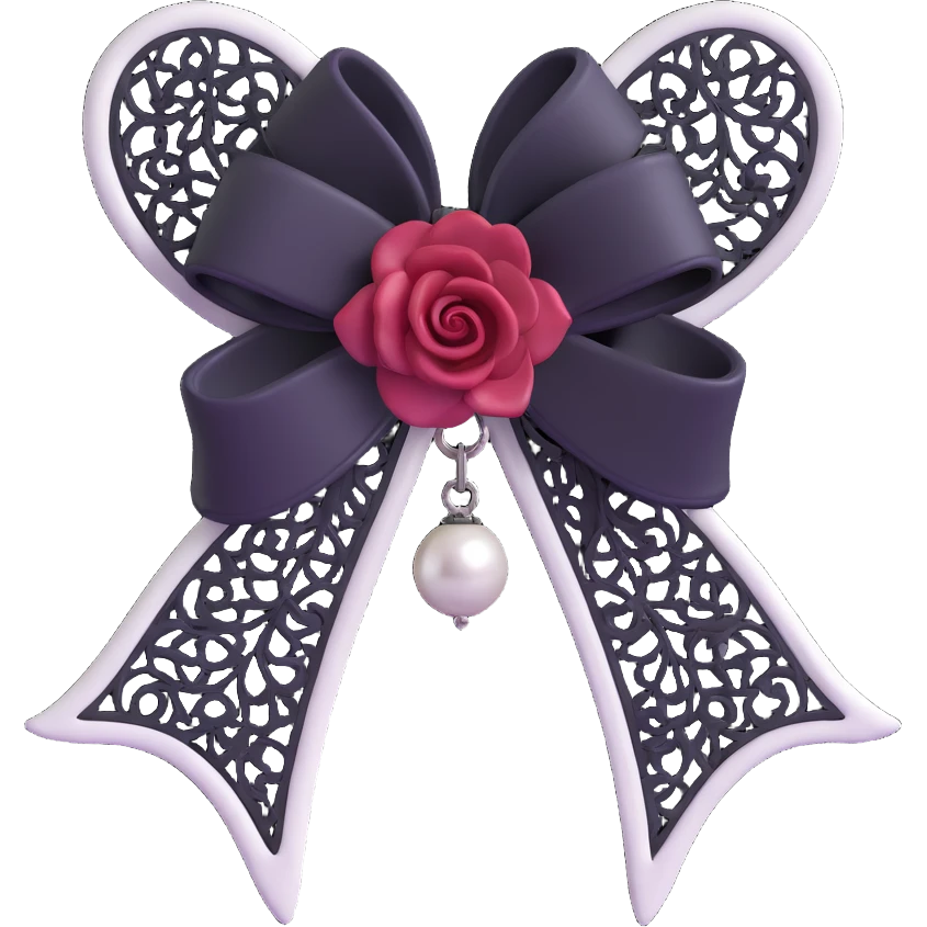 3D emoji gothic bow, white leather, silver bat charm, black rose center, black lace trim, dark pearl details emoji
