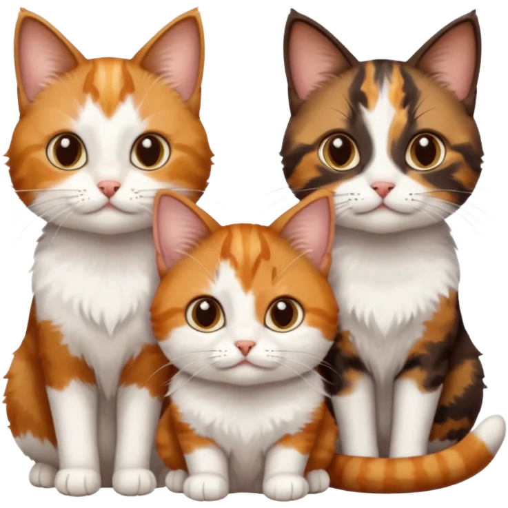 3 different coloured small cats including a dark brown tabby and white, and a patchy calico, and a ginger and white emoji