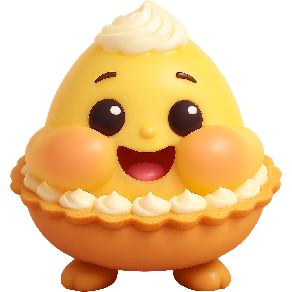 Make the cheeks even chubbier while keeping the cute 3D kawaii egg tart character style with a golden crispy tart shell, jiggly custard face, big watery eyes, expressive cartoon mouth, pastel color palette, comical exaggerated emotion, soft lighting, and glossy textures. Maintain transparent background and no text. emoji