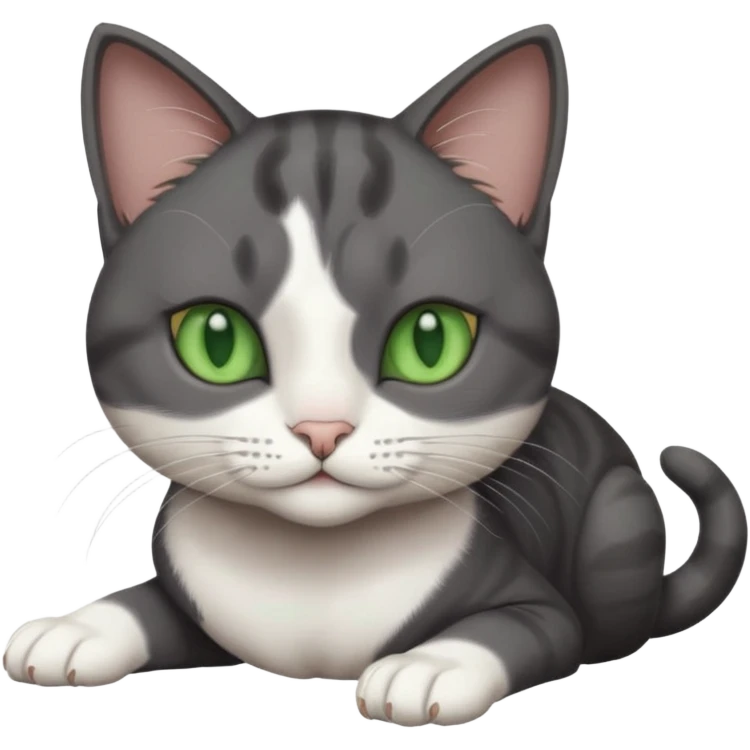 beautiful female solid dark grey cat with green eyes, white toes/paws and white patch on her chest rolling over emoji