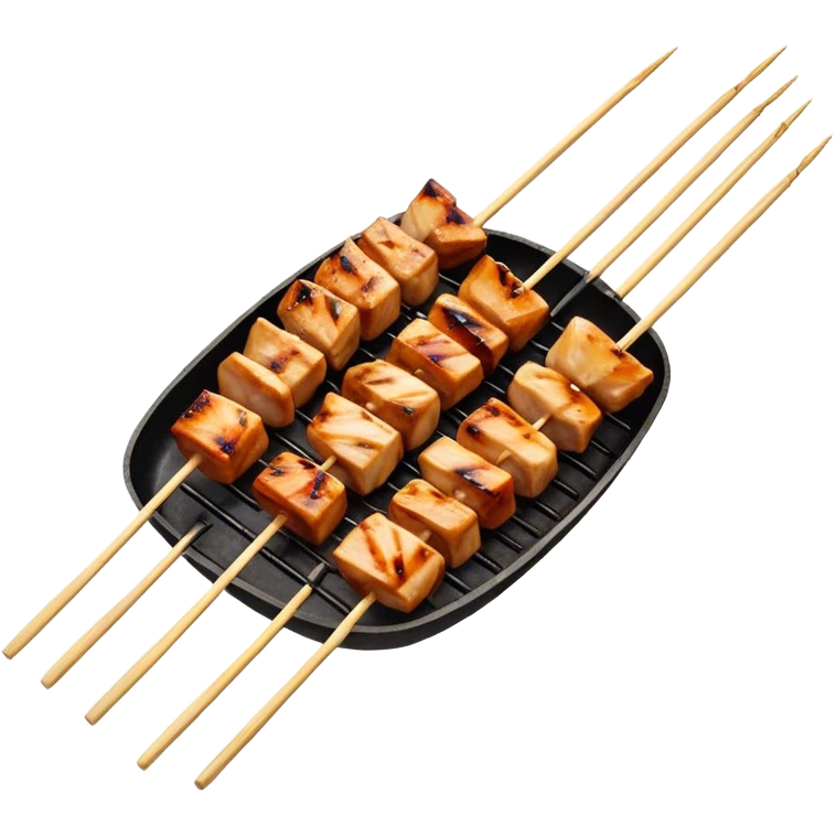Cinematic Realistic Yakitori Dish Emoji, depicted as skewered, grilled chicken pieces with a charred finish rendered with crisp textures and appetizing, natural lighting. emoji