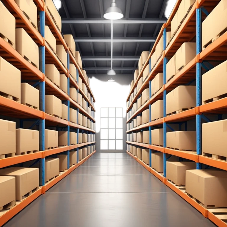 Modern warehouse interior, ultra-realistic, 4K, industrial shelves with boxes and pallets, soft lighting, realistic shadows, sharp focus, cinematic depth of field, professional photography. emoji