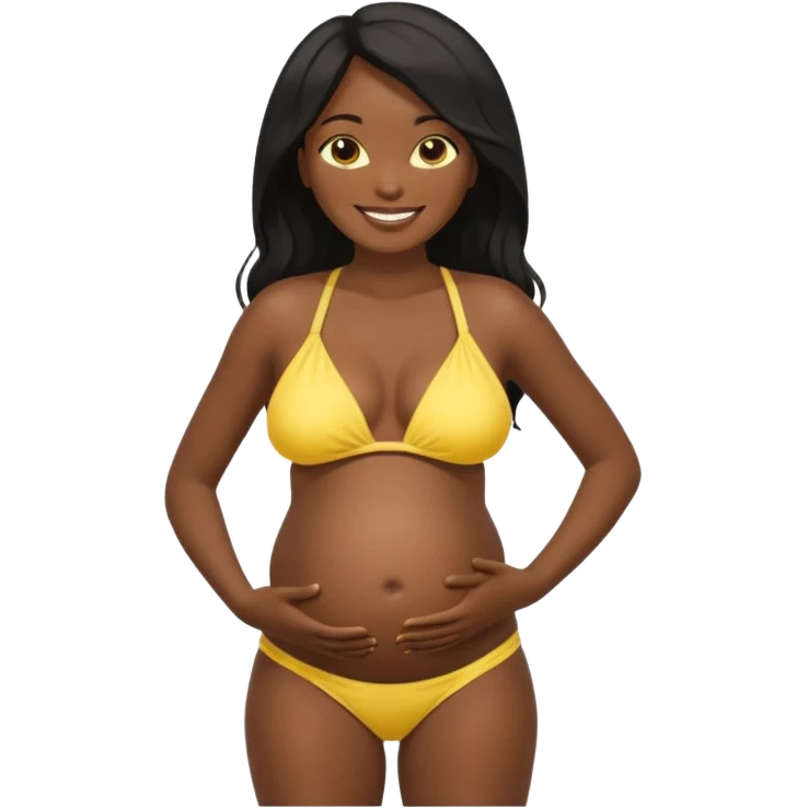 Dark skin african black girl long black hair, yellow bikini top, smiling, bare midriff, brown eyes, large round pregnant belly, yellow bikini bottoms, side view emoji