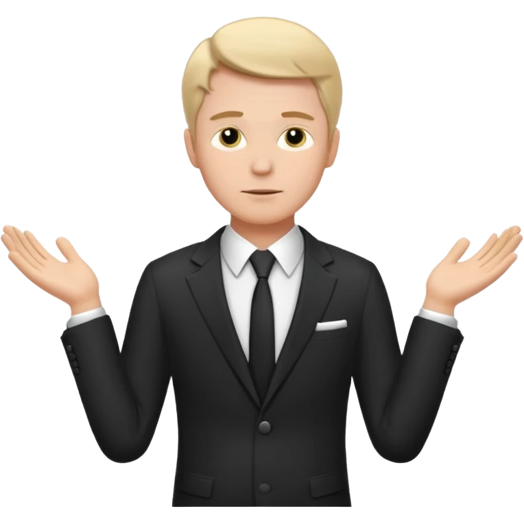 white man in formal suit spreads his arms, face thinking emoji