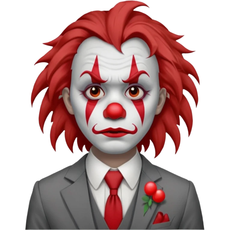 No wig, but long messy brown hair.

White face paint with red clown makeup and a red nose.

Wearing a gray suit with a tie.

Expression is sad and serious, resembling a clown with a more human-like look. emoji