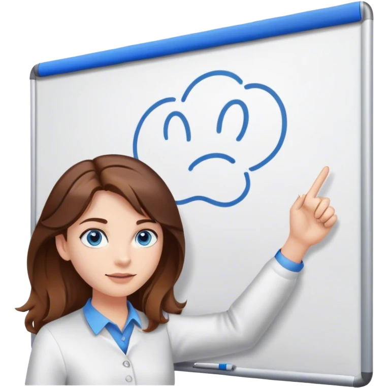a young woman brown hair and blue eyes, with a claw clip in her hair and presenting on a white board emoji