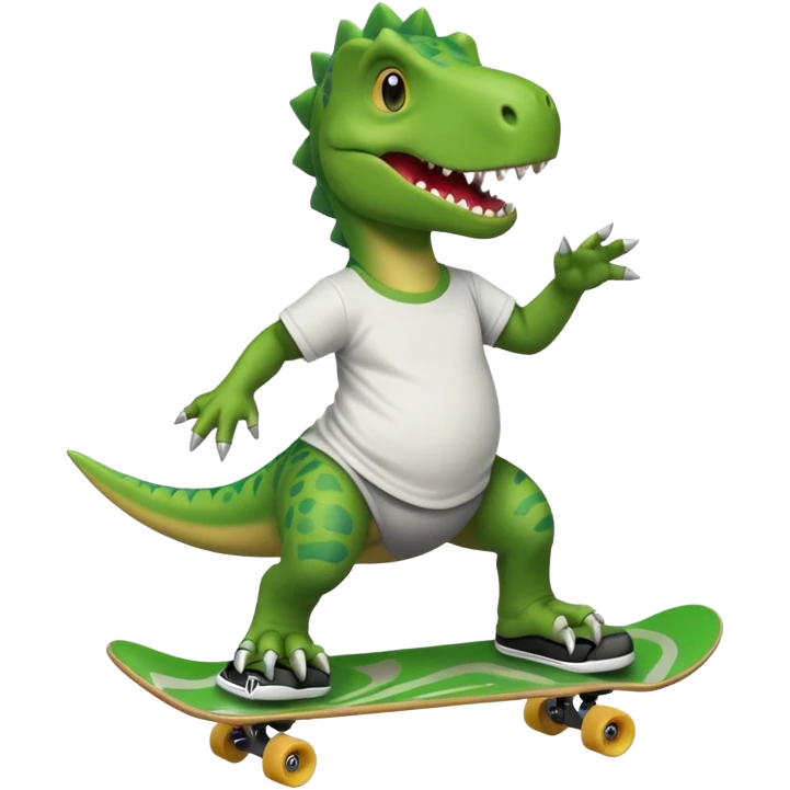 Dinosaur skateboarding at the skate park wearing a t-shirt and doing six seven and dancing emoji
