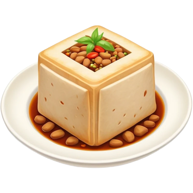 Hakka Stuffed Tofu with five spiced meat filling, simplified emoji style with bold outlines and bright colors, cartoon style unique triangular stuffed bean curd emoji