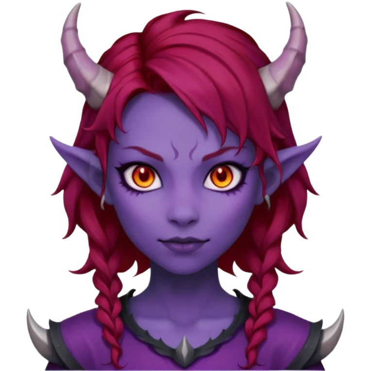 Demon Girl Purple Skin Dragon Horns Black Eyes Red Glowing Pupils Auburn Haired Red Shirt  emoji