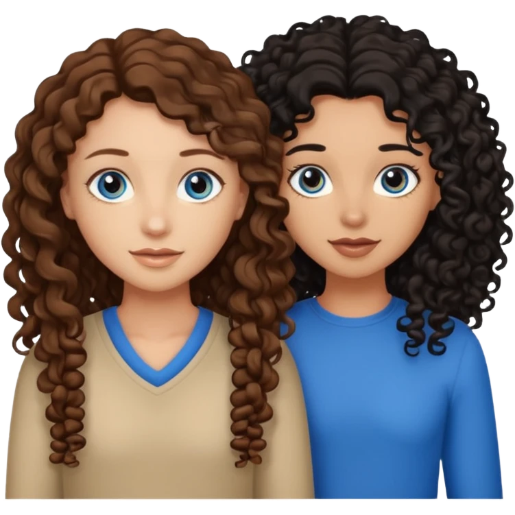 Two best friends .bestie 1: beige skin with brown long hair and blue eye. Bestie 2:mixed race skin with curly black hair and brown eye emoji
