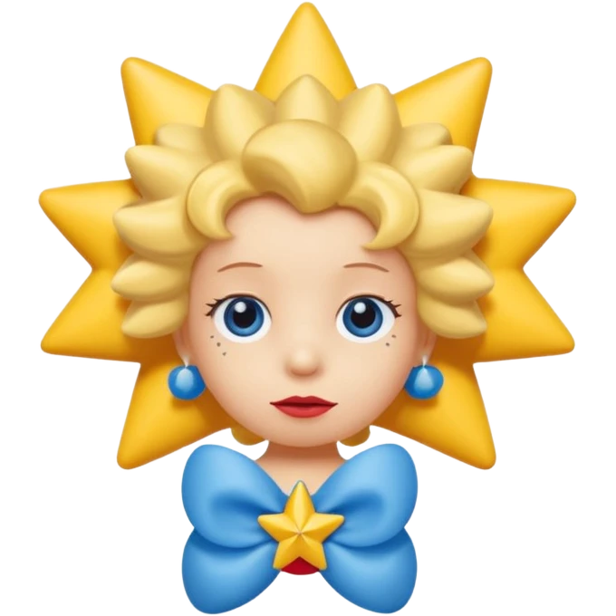 3D emoji head-only, smooth plastic, soft studio light, big round eyes, bold outline, centered, transparent bg,
Maggie Simpson, yellow skin, eight-point star hair with blue bow, red pacifier emoji