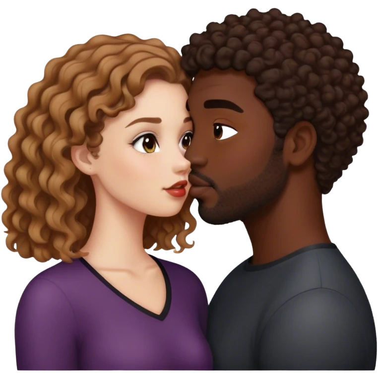 White curlye girl with long brown hair kisses black man with short haircut emoji