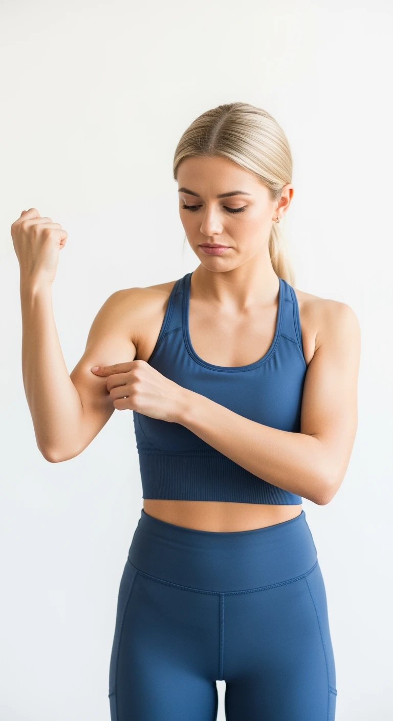 DONNA FITNESS CHE SI TOCCA IL MUSCOLO DEL BRACCIO CON ESPRESSIONE TRISTE IN VOLTO, POCO MUSCOLO, ISOLATA SU SFONDO BIANCO emoji