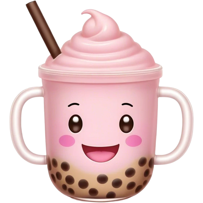 Cute Kawaii Boba Tea Cup, with a happy smiling face, chubby round shape, pastel pink and brown colors, soft glowing highlights, adorable tapioca pearls floating inside, sparkling eyes full of joy! emoji