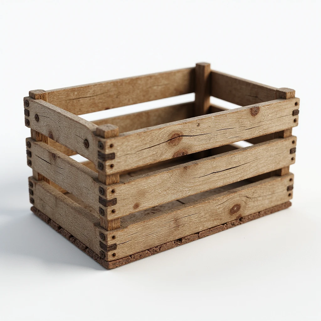 an empty wooden wine crate, realistic details, photorealistic style emoji