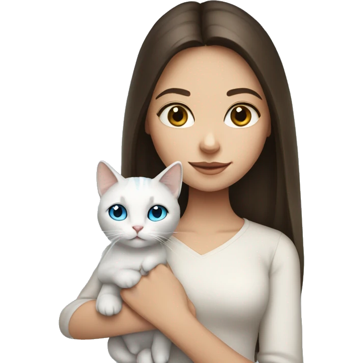 brunette girl with long hair and holding a blue-eyed white cat emoji