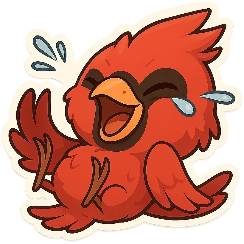 Chibi male red cardinal rolling on his back laughing uncontrollably, wings in the air, eyes squeezed shut, tears flying emoji