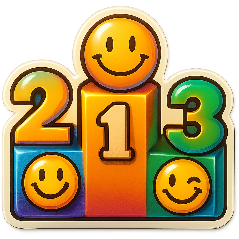 Fix the podium numbers so they are in order 2, 1, 3 from left to right. Keep the cheerful emoji style with vibrant colors and playful expressions. emoji