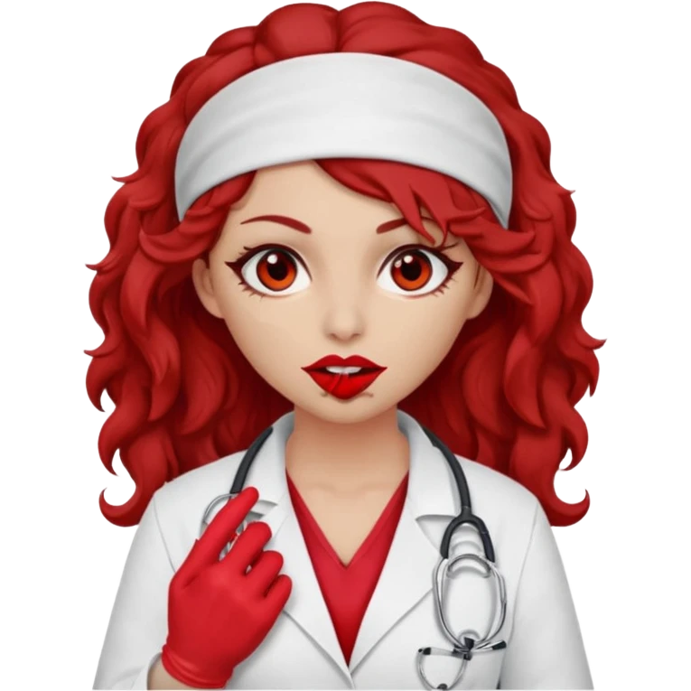 Lilith scalpel in hand, evil surgeon sexy surgeon clothes.  She has red eyes. She brown long curly hair. Wears sexy doctor outfit with red gloves. Hides mouth necknose with red bandana to hide her identity emoji