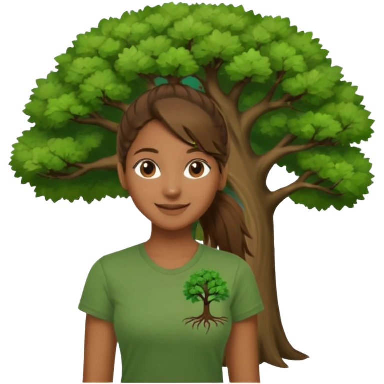 Make a zumba coach emoji, brown eyes, brown hair girl, green shirt withe "the roots" on it, longer pony tail hair, add the tree logo for the roots emoji