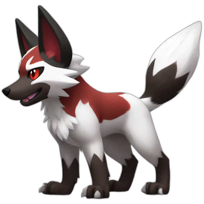 midnight lycanroc pokemon, bipedal, fullbody, standing on hind paws, black white and red fur emoji