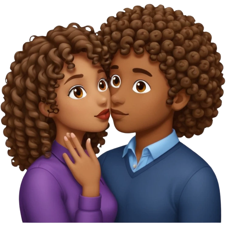 Brown skin girl with curly hair kissing brown skin man emoji